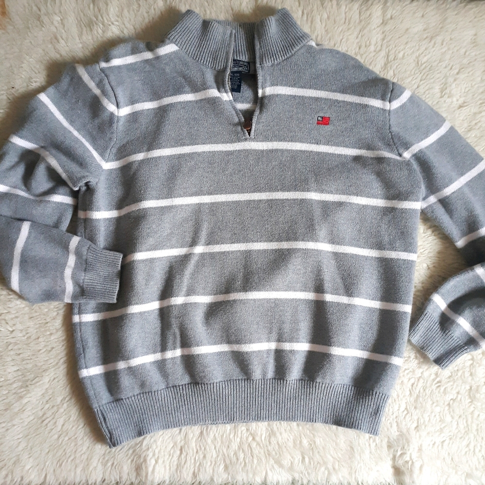 Ralph Lauren Gray & White Striped Half-Zip Sweater